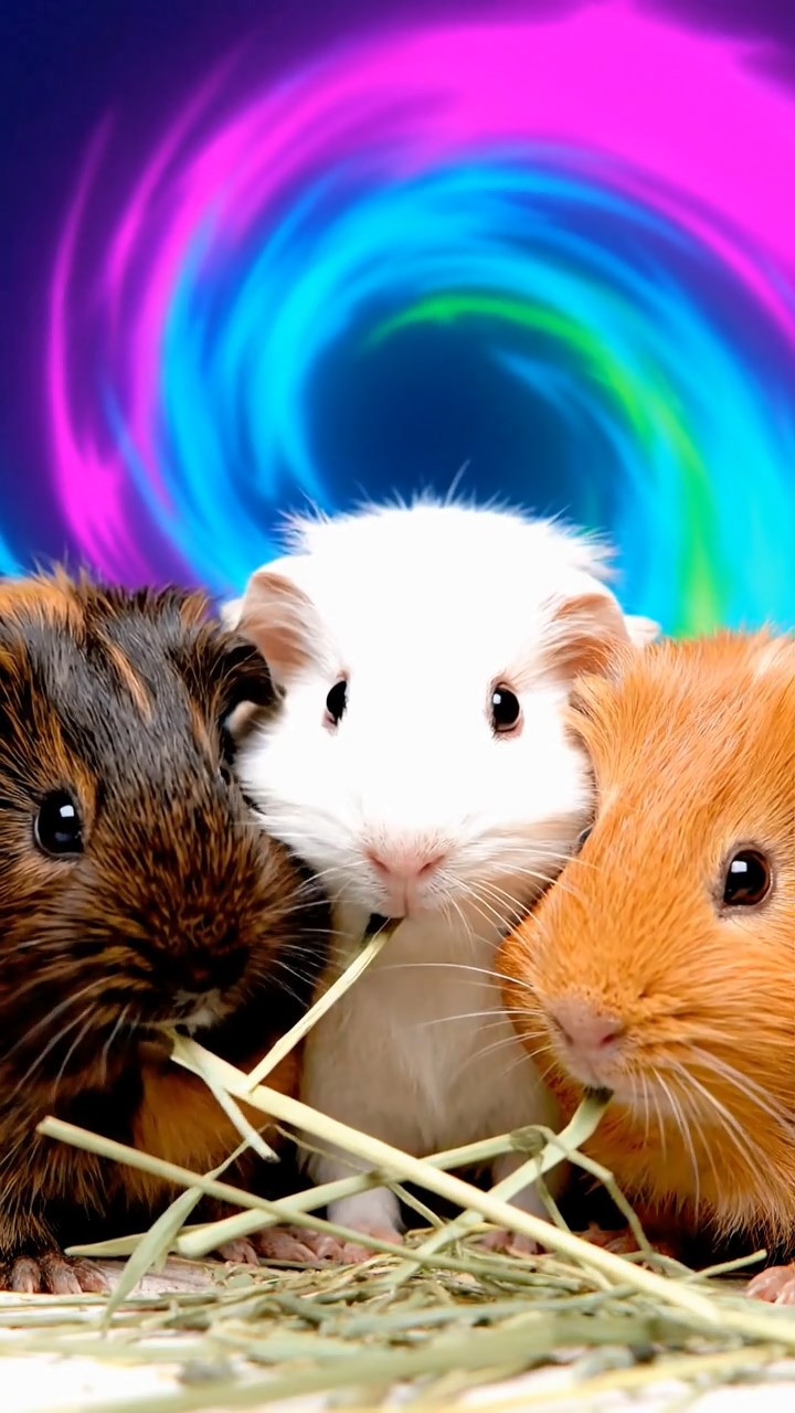1164. Realistic depiction of 3 smooth-haired Silkie guinea pigs with sable, white, and orange fur, eating timothy hay strands, in a psychedelic art installation with swirling colors.