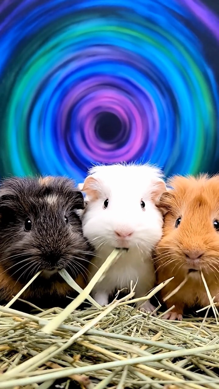 1164. Realistic depiction of 3 smooth-haired Silkie guinea pigs with sable, white, and orange fur, eating timothy hay strands, in a psychedelic art installation with swirling colors.