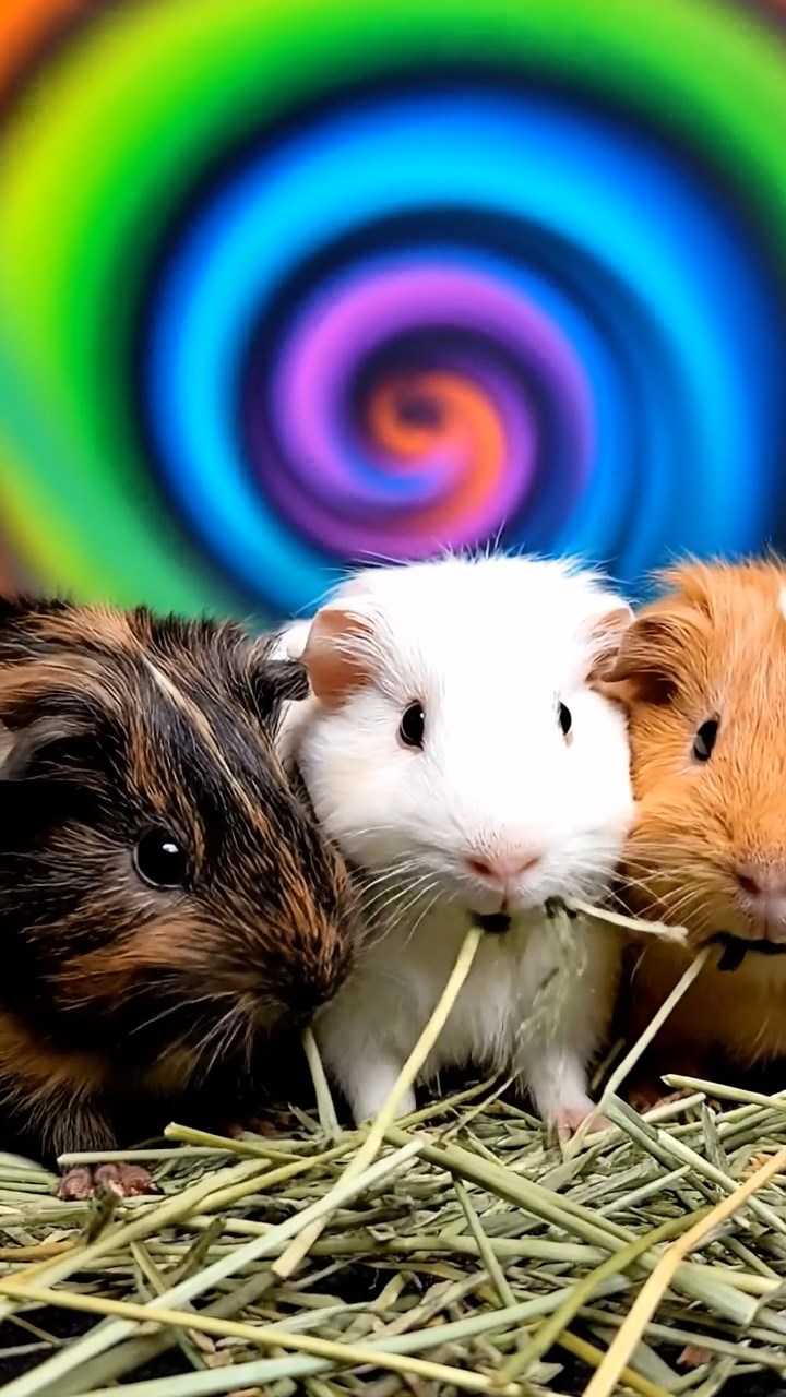 1164. Realistic depiction of 3 smooth-haired Silkie guinea pigs with sable, white, and orange fur, eating timothy hay strands, in a psychedelic art installation with swirling colors.