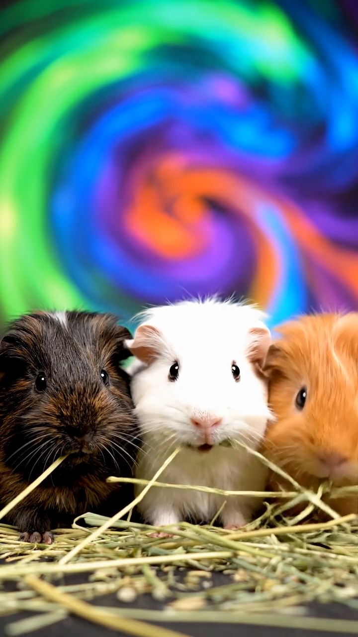 1164. Realistic depiction of 3 smooth-haired Silkie guinea pigs with sable, white, and orange fur, eating timothy hay strands, in a psychedelic art installation with swirling colors.