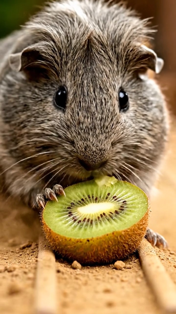 1165. Detailed image of 1 smooth-haired Teddy guinea pig with gray fur, nibbling on kiwi halves, on a Roman chariot race track with dust clouds.