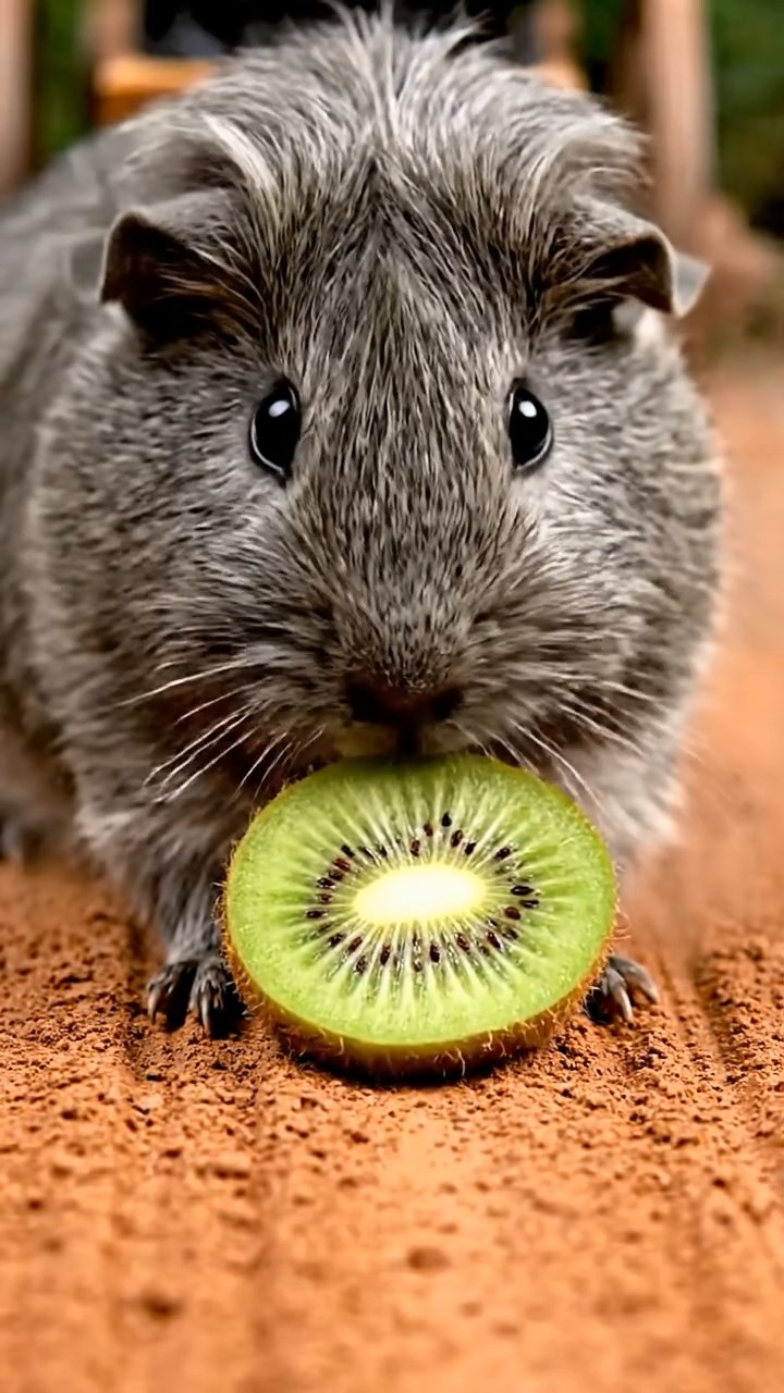 1165. Detailed image of 1 smooth-haired Teddy guinea pig with gray fur, nibbling on kiwi halves, on a Roman chariot race track with dust clouds.