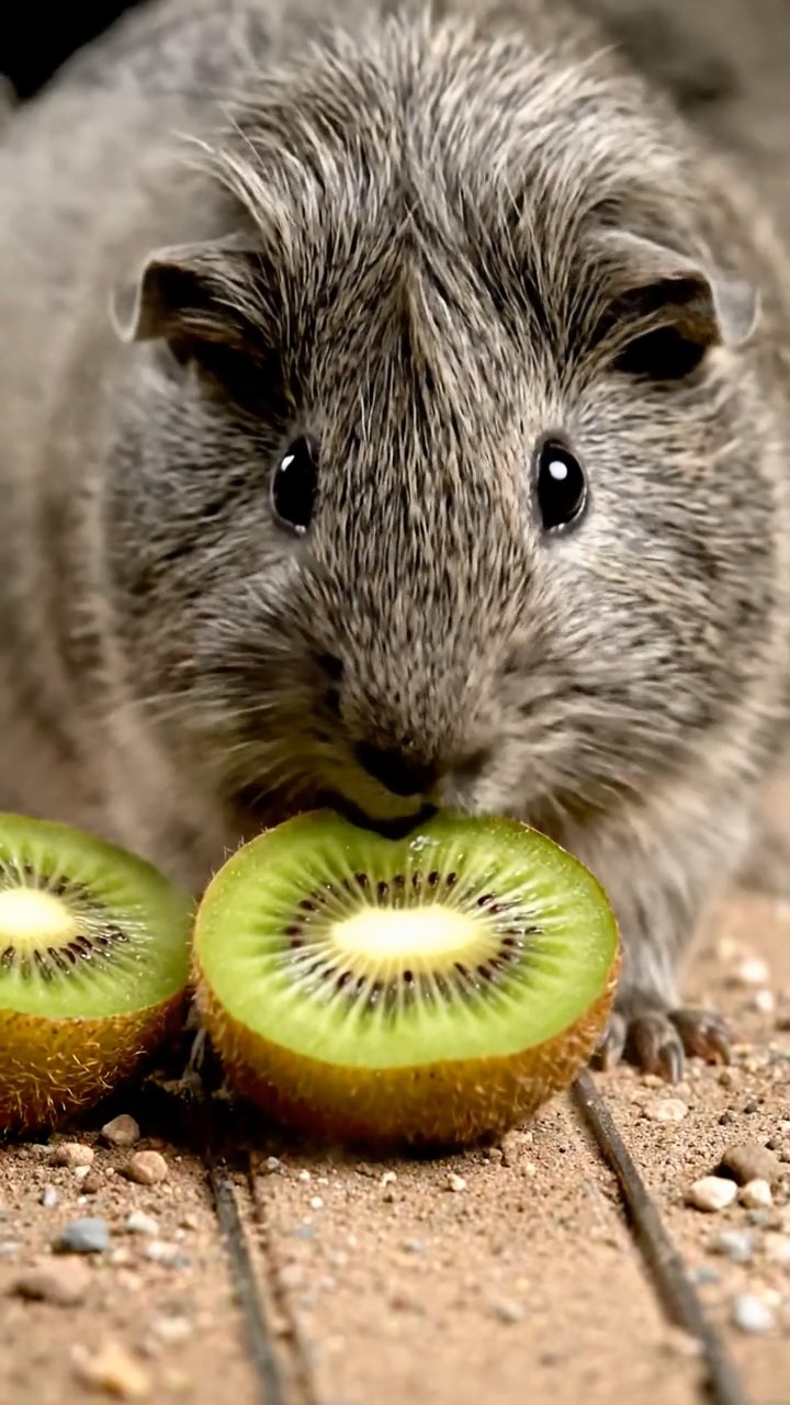 1165. Detailed image of 1 smooth-haired Teddy guinea pig with gray fur, nibbling on kiwi halves, on a Roman chariot race track with dust clouds.