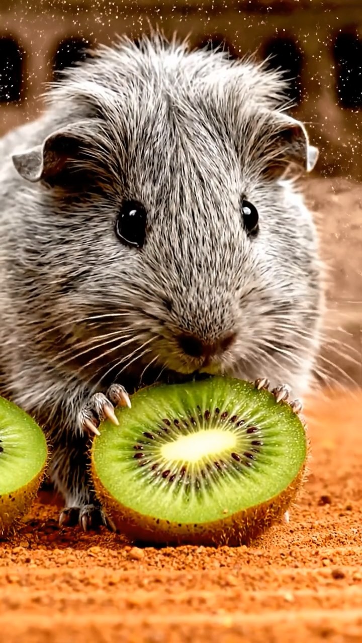 1165. Detailed image of 1 smooth-haired Teddy guinea pig with gray fur, nibbling on kiwi halves, on a Roman chariot race track with dust clouds.