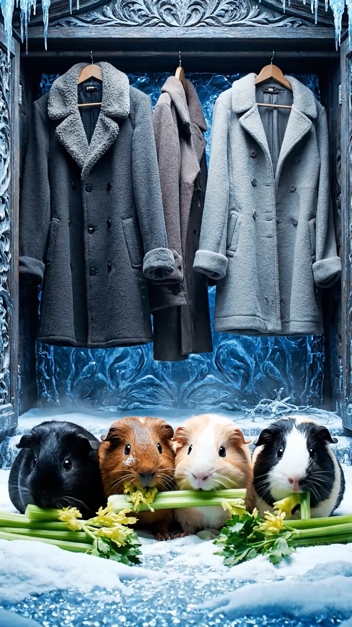 1166. Photorealistic scene of 4 smooth-haired Texel guinea pigs featuring black, brown, and cream coats, chewing on celery bunches, inside a frozen Narnia wardrobe with winter coats.