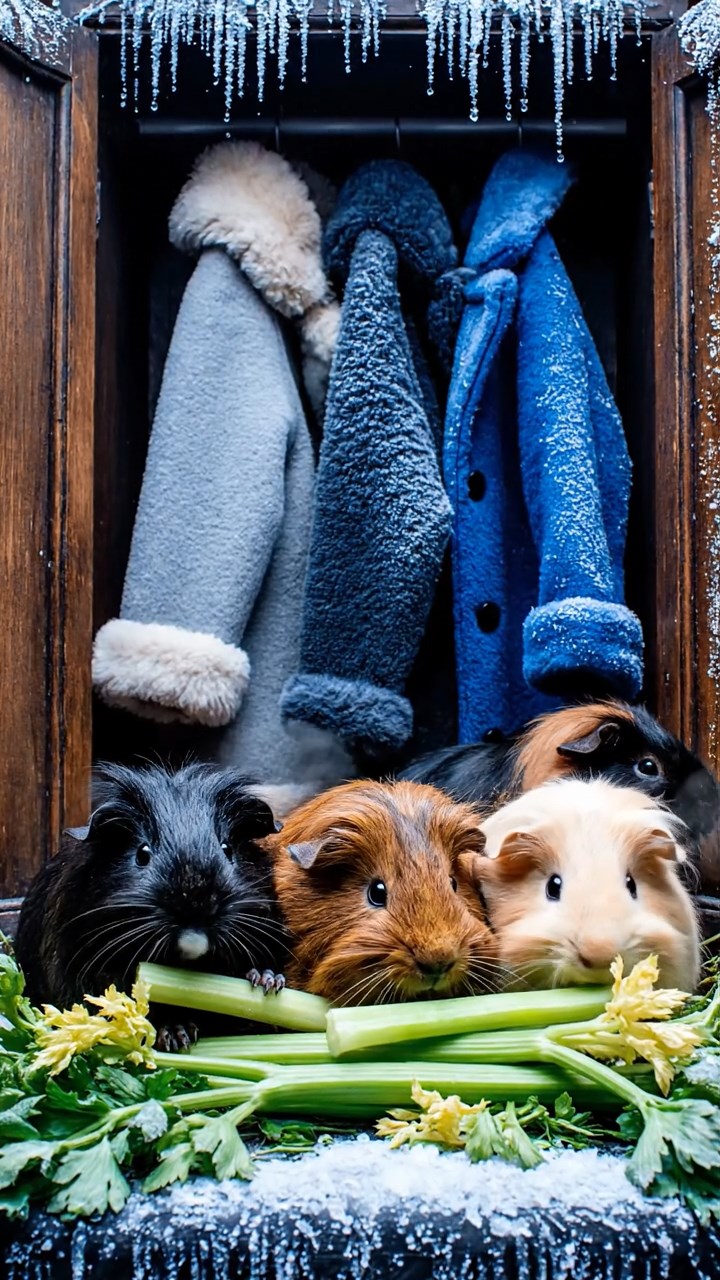 1166. Photorealistic scene of 4 smooth-haired Texel guinea pigs featuring black, brown, and cream coats, chewing on celery bunches, inside a frozen Narnia wardrobe with winter coats.