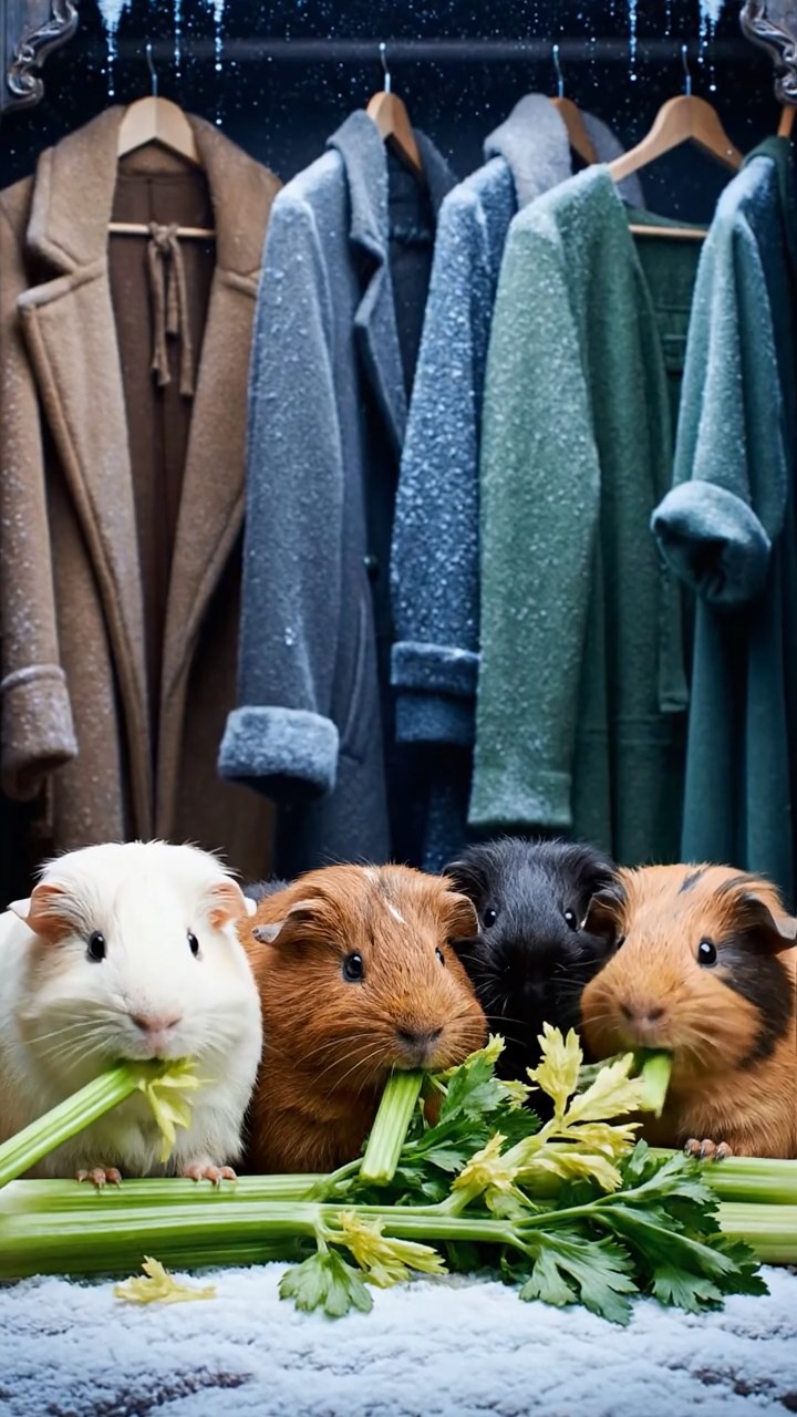 1166. Photorealistic scene of 4 smooth-haired Texel guinea pigs featuring black, brown, and cream coats, chewing on celery bunches, inside a frozen Narnia wardrobe with winter coats.