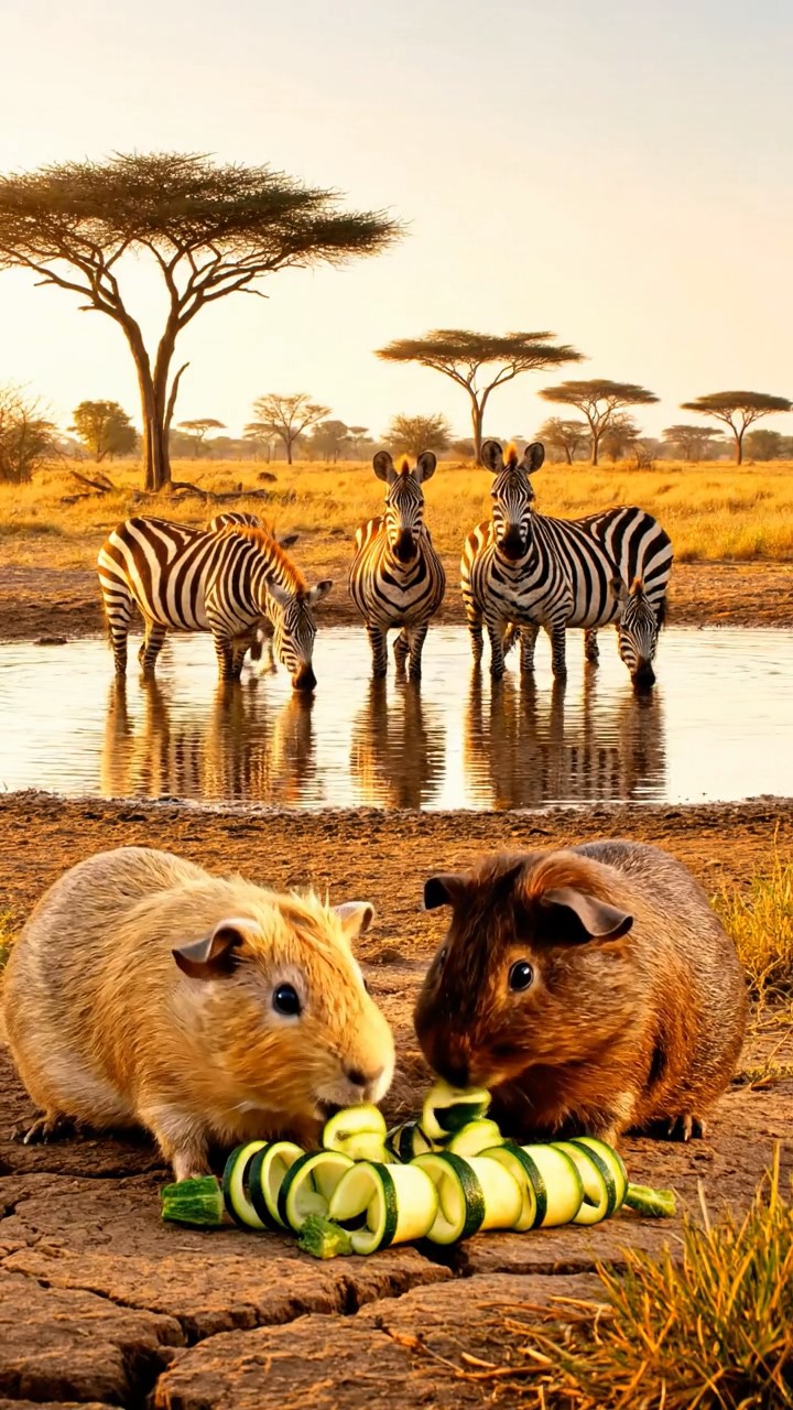 1167. Realistic photo of 2 smooth-haired Rex guinea pigs with fawn and chocolate fur, sharing zucchini spirals, on a African savanna watering hole with zebras drinking.