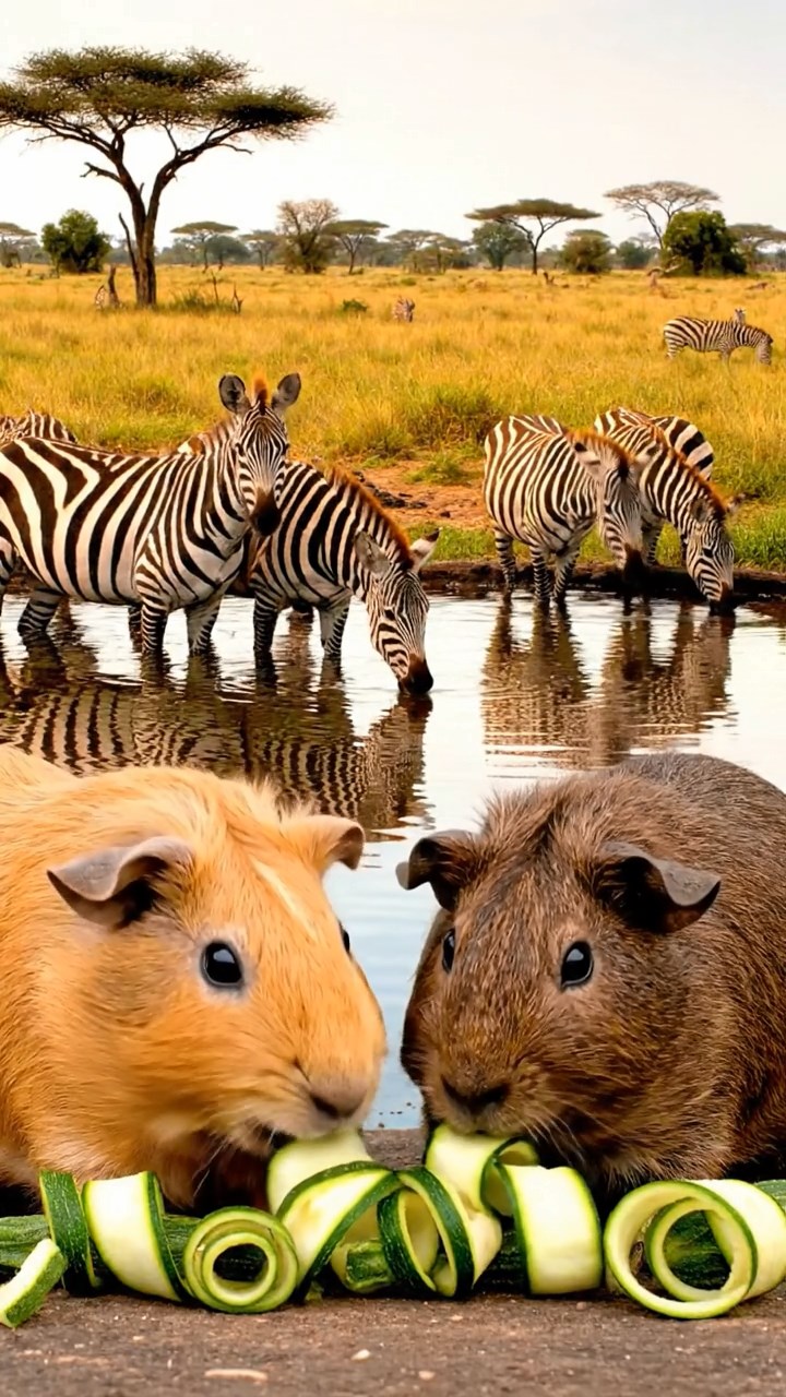1167. Realistic photo of 2 smooth-haired Rex guinea pigs with fawn and chocolate fur, sharing zucchini spirals, on a African savanna watering hole with zebras drinking.