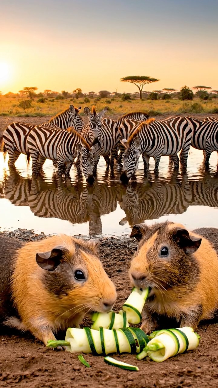 1167. Realistic photo of 2 smooth-haired Rex guinea pigs with fawn and chocolate fur, sharing zucchini spirals, on a African savanna watering hole with zebras drinking.