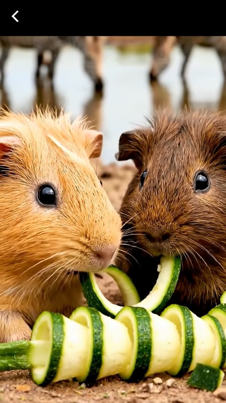 1167. Realistic photo of 2 smooth-haired Rex guinea pigs with fawn and chocolate fur, sharing zucchini spirals, on a African savanna watering hole with zebras drinking.