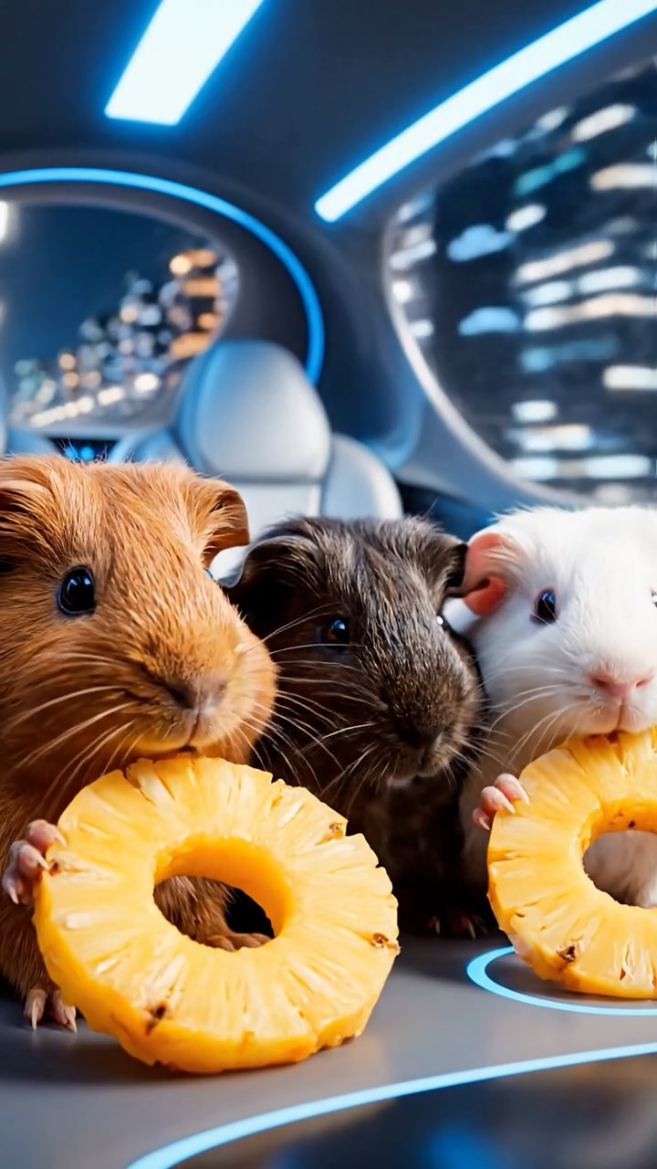 1168. Highly detailed view of 3 smooth-haired Coronet guinea pigs in cinnamon, sable, and white colors, munching on pineapple rings, in a futuristic hovercar interior speeding through city.