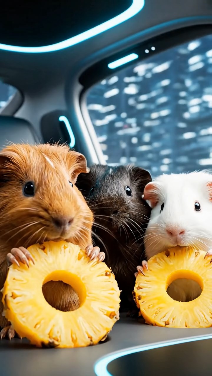 1168. Highly detailed view of 3 smooth-haired Coronet guinea pigs in cinnamon, sable, and white colors, munching on pineapple rings, in a futuristic hovercar interior speeding through city.