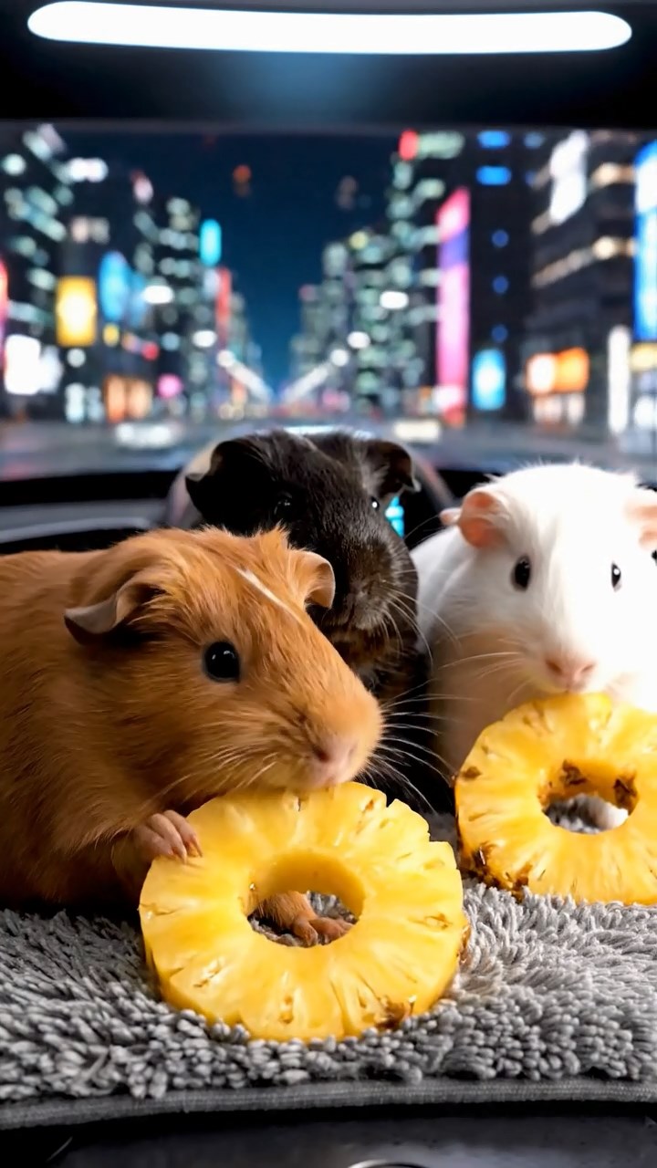 1168. Highly detailed view of 3 smooth-haired Coronet guinea pigs in cinnamon, sable, and white colors, munching on pineapple rings, in a futuristic hovercar interior speeding through city.