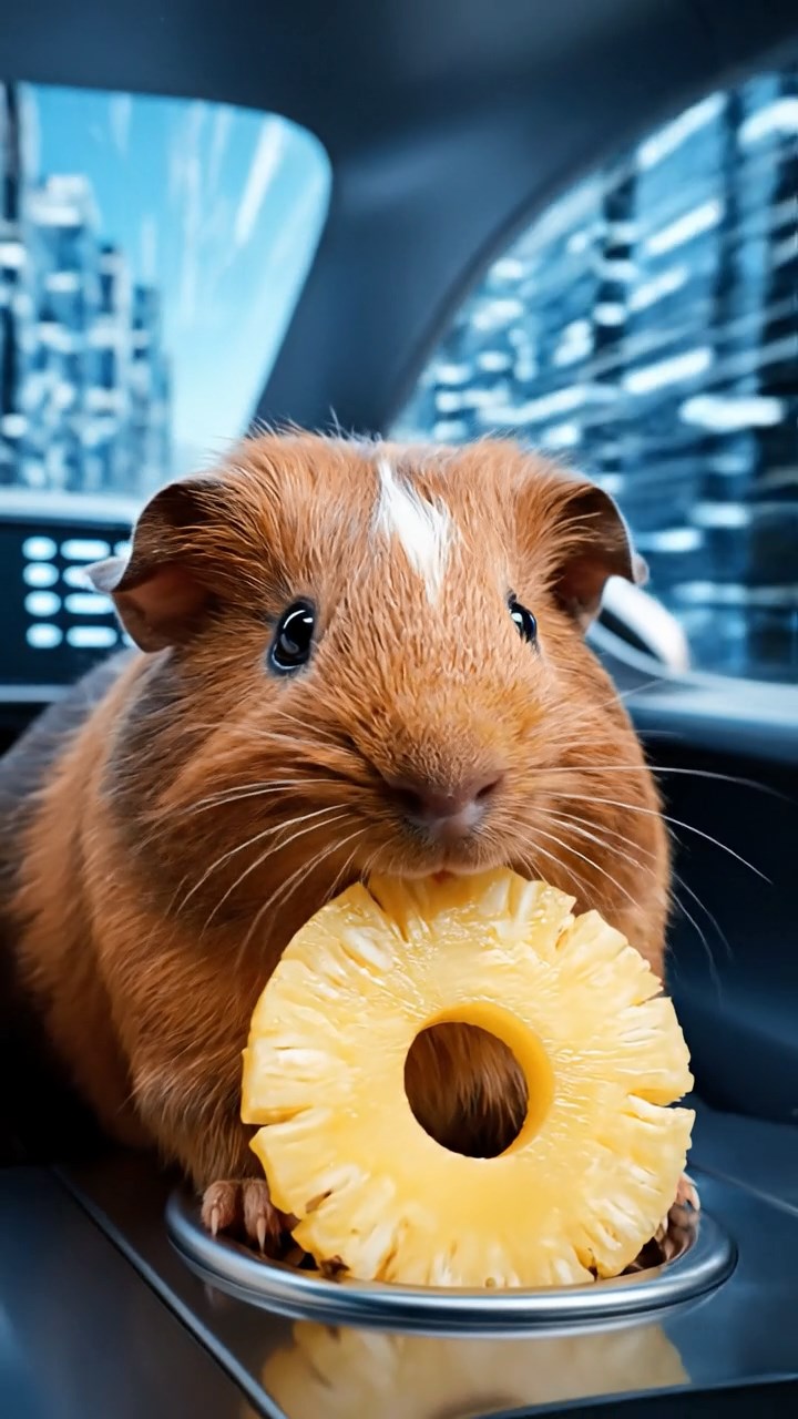 1168. Highly detailed view of 3 smooth-haired Coronet guinea pigs in cinnamon, sable, and white colors, munching on pineapple rings, in a futuristic hovercar interior speeding through city.
