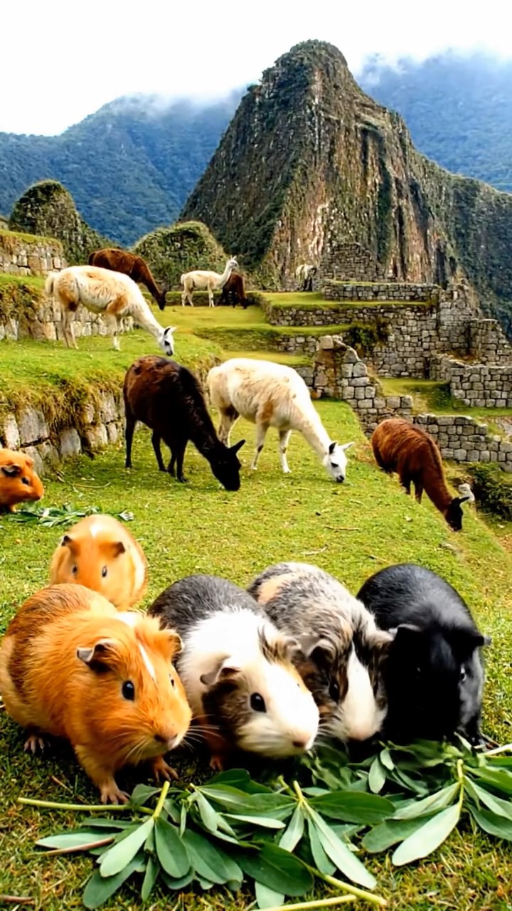 1169. Photorealistic image of 5 smooth-haired White Crested guinea pigs with orange, gray, and black fur, eating alfalfa leaves, on a Machu Picchu terrace with llama herds.