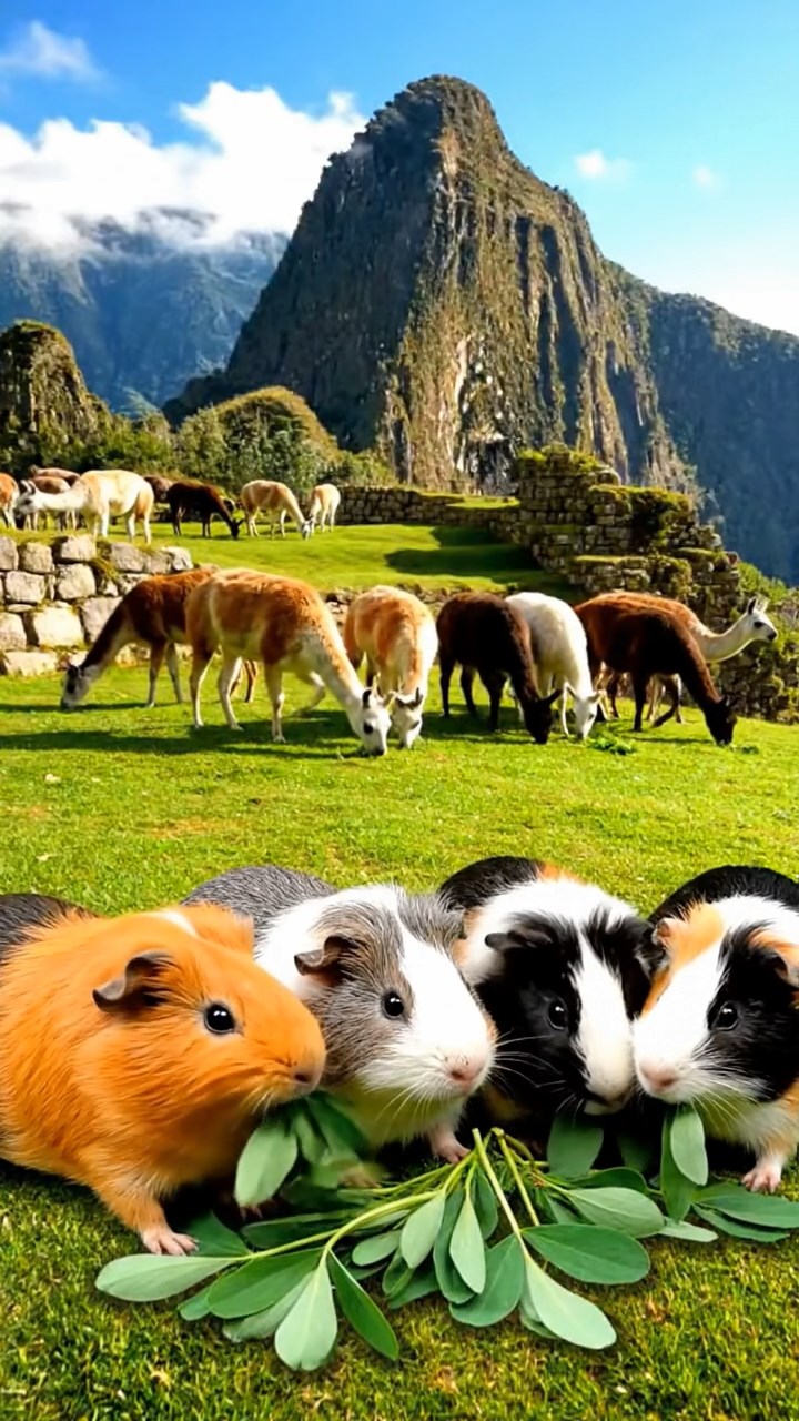 1169. Photorealistic image of 5 smooth-haired White Crested guinea pigs with orange, gray, and black fur, eating alfalfa leaves, on a Machu Picchu terrace with llama herds.