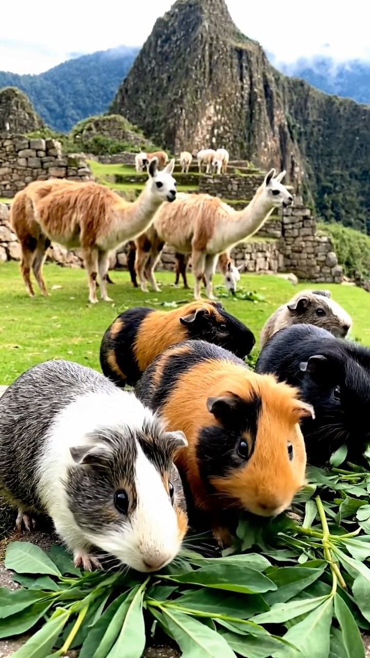 1169. Photorealistic image of 5 smooth-haired White Crested guinea pigs with orange, gray, and black fur, eating alfalfa leaves, on a Machu Picchu terrace with llama herds.