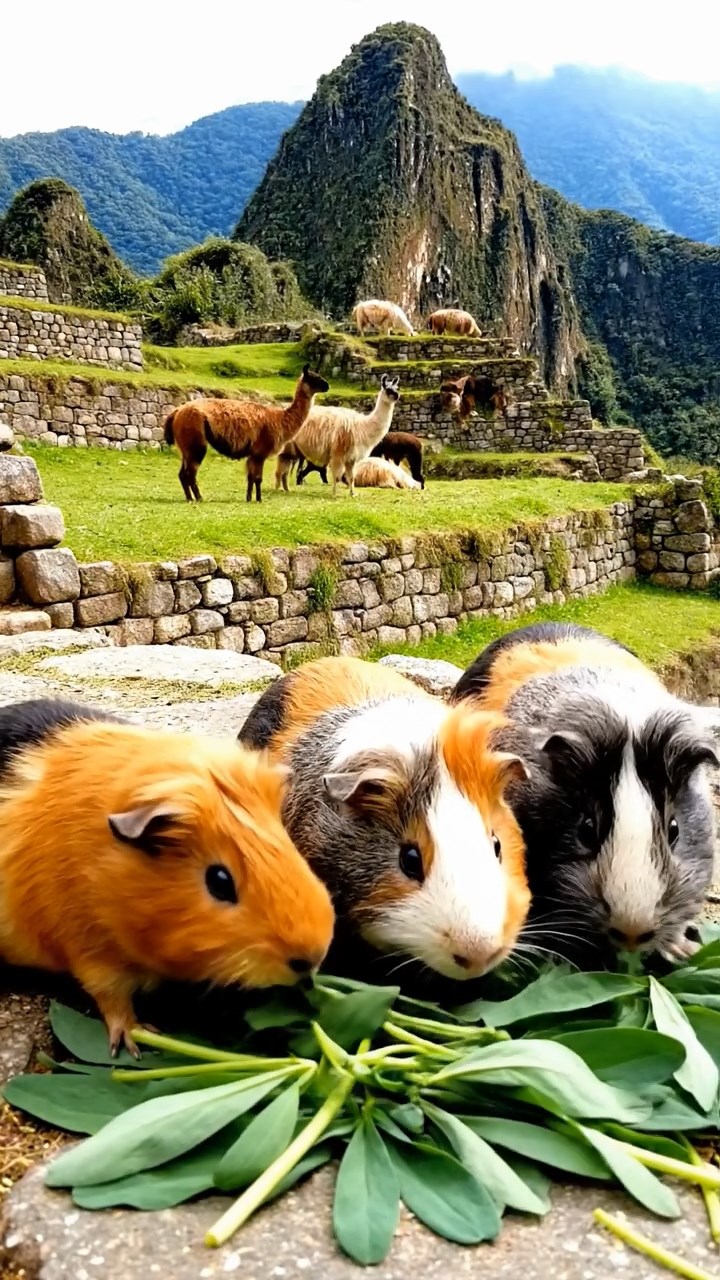 1169. Photorealistic image of 5 smooth-haired White Crested guinea pigs with orange, gray, and black fur, eating alfalfa leaves, on a Machu Picchu terrace with llama herds.