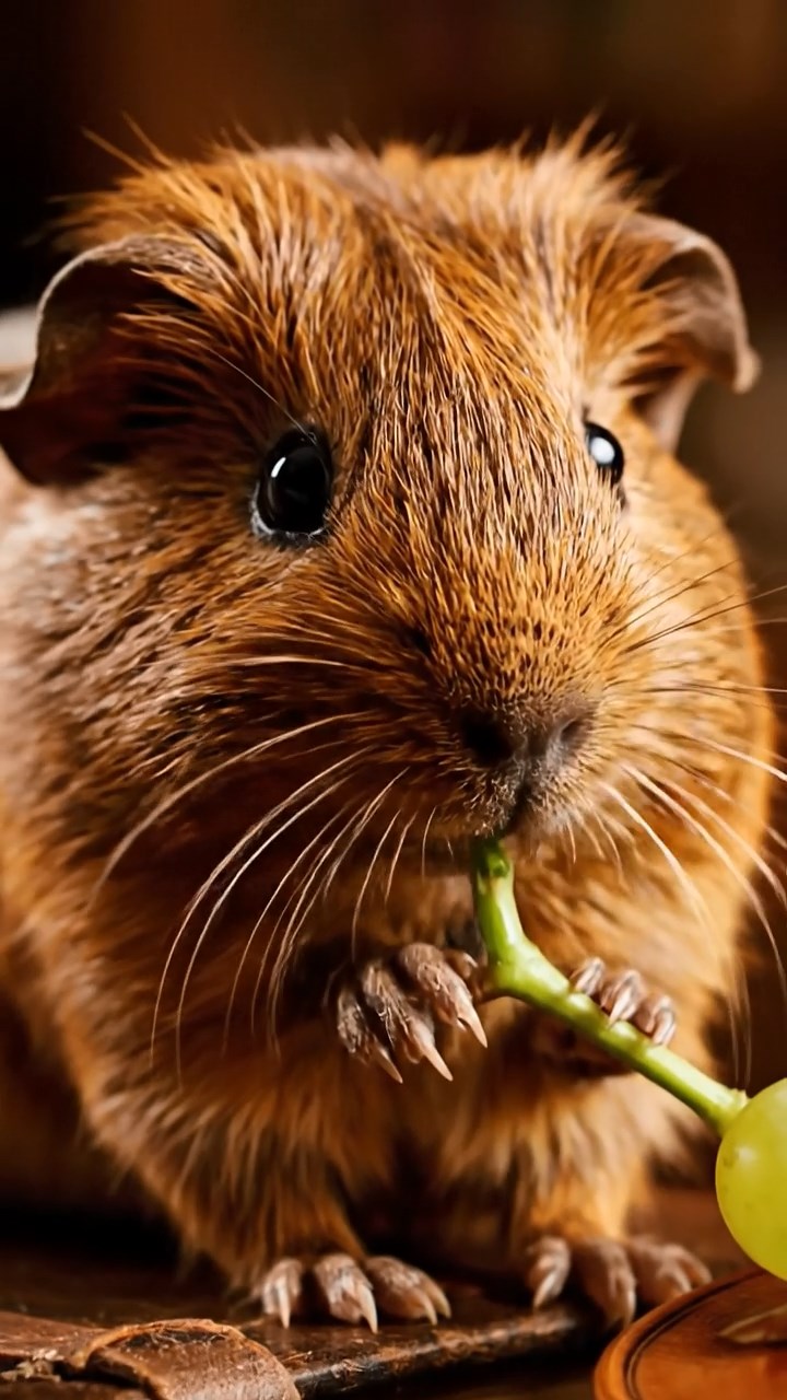 1170. Realistic depiction of 1 smooth-haired Skinny guinea pig with brown fur, nibbling on grape stems, inside a Sherlock Holmes study with pipe and violin.