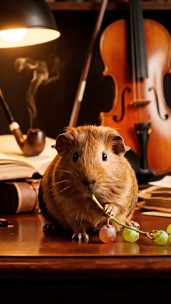 1170. Realistic depiction of 1 smooth-haired Skinny guinea pig with brown fur, nibbling on grape stems, inside a Sherlock Holmes study with pipe and violin.