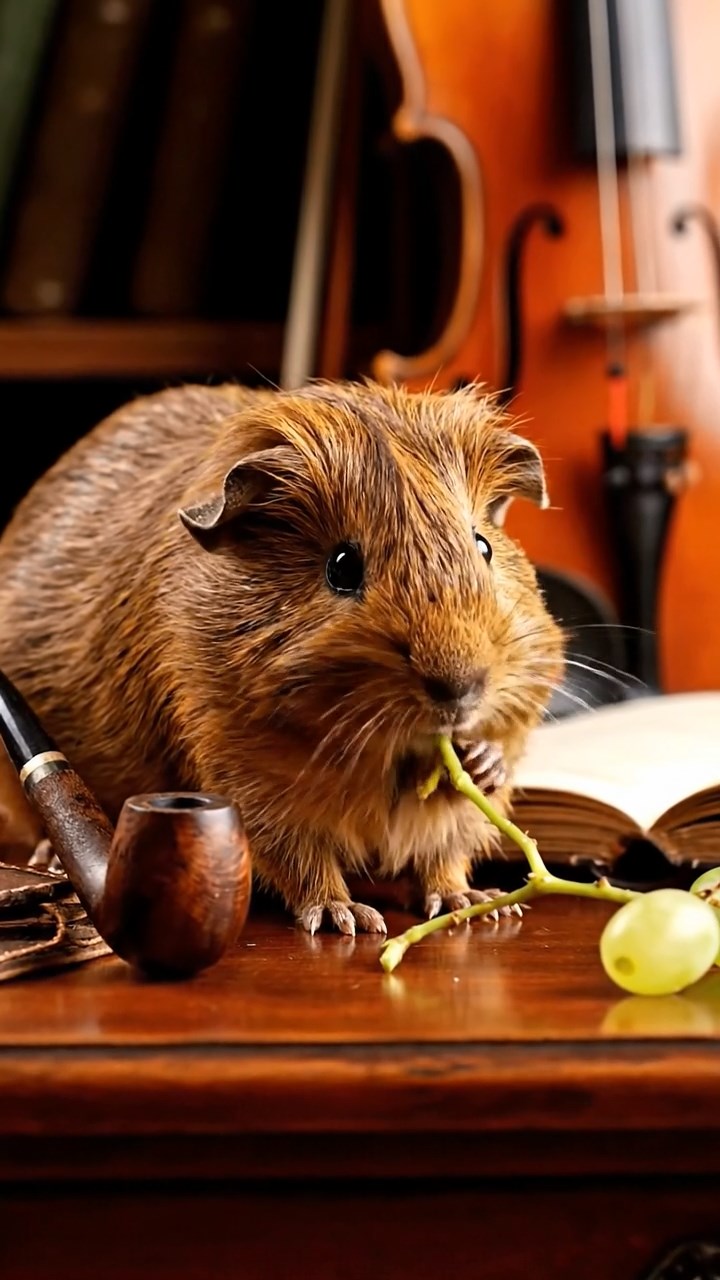 1170. Realistic depiction of 1 smooth-haired Skinny guinea pig with brown fur, nibbling on grape stems, inside a Sherlock Holmes study with pipe and violin.