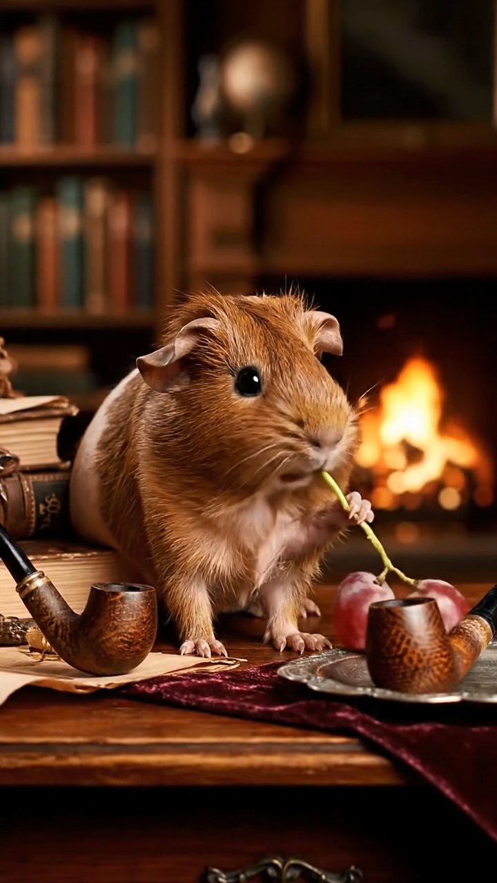 1170. Realistic depiction of 1 smooth-haired Skinny guinea pig with brown fur, nibbling on grape stems, inside a Sherlock Holmes study with pipe and violin.