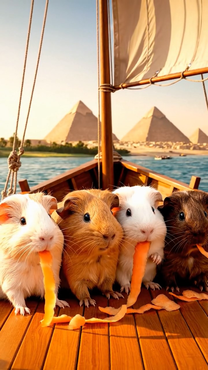 1171. Detailed scene of 4 smooth-haired American guinea pigs featuring cream, fawn, and chocolate coats, chewing on carrot peels, on a Nile river felucca sailboat with pyramids afar.