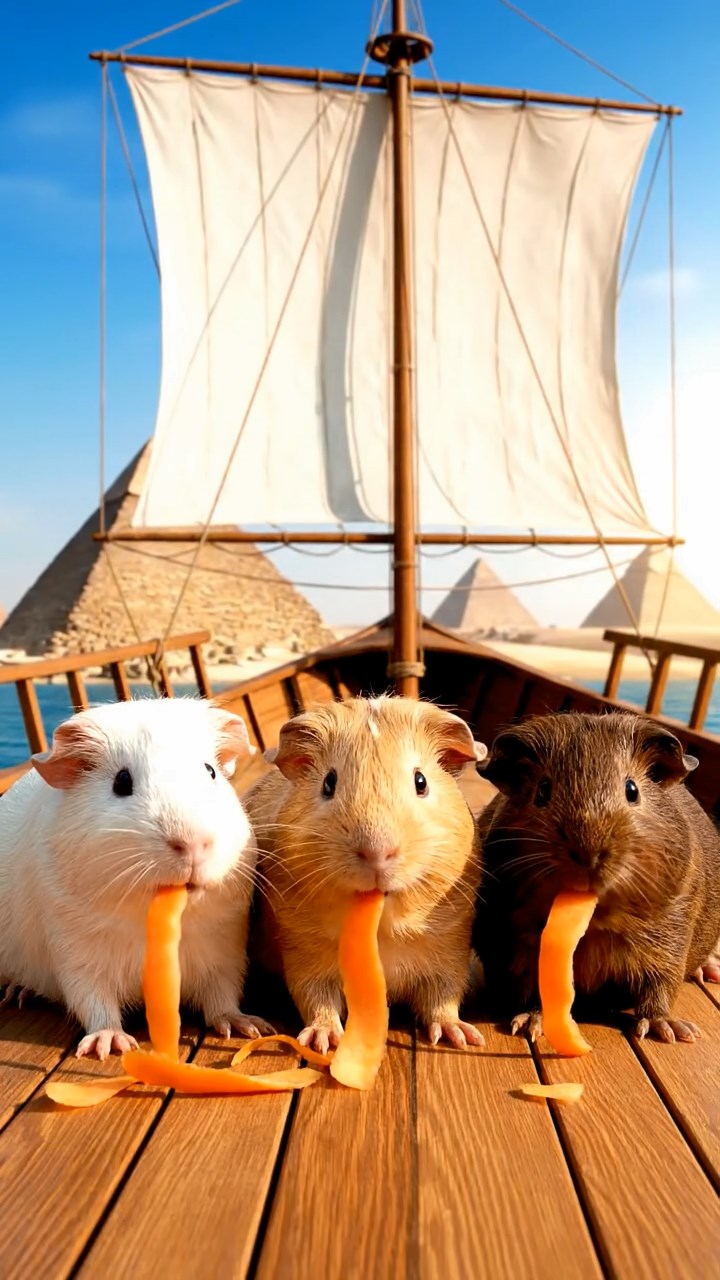 1171. Detailed scene of 4 smooth-haired American guinea pigs featuring cream, fawn, and chocolate coats, chewing on carrot peels, on a Nile river felucca sailboat with pyramids afar.
