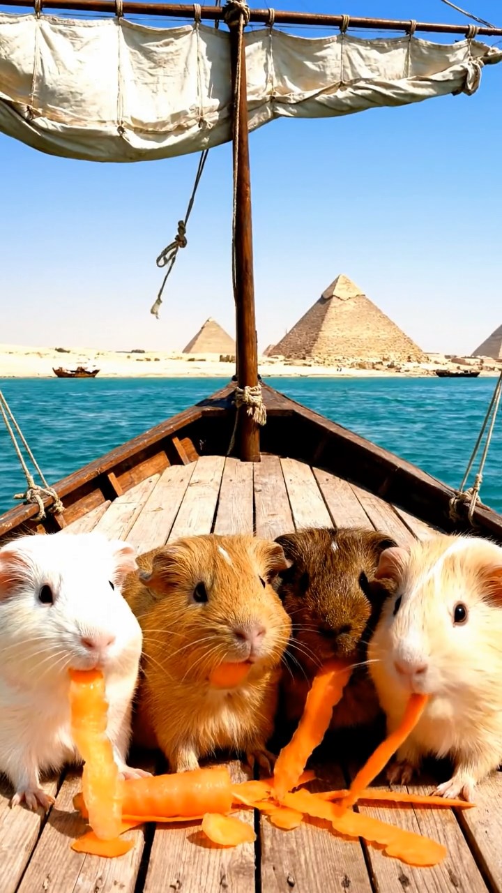 1171. Detailed scene of 4 smooth-haired American guinea pigs featuring cream, fawn, and chocolate coats, chewing on carrot peels, on a Nile river felucca sailboat with pyramids afar.