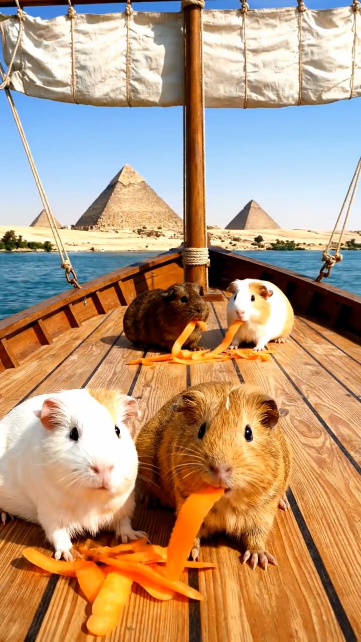1171. Detailed scene of 4 smooth-haired American guinea pigs featuring cream, fawn, and chocolate coats, chewing on carrot peels, on a Nile river felucca sailboat with pyramids afar.