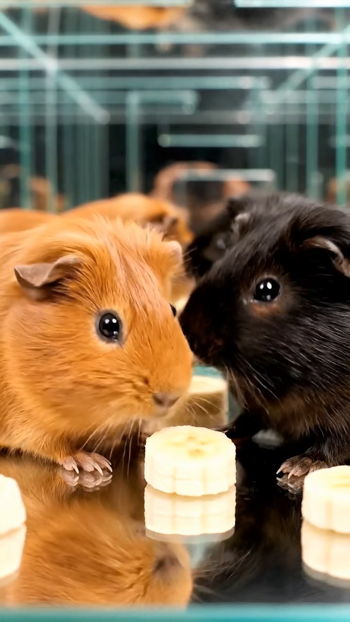 1172. Photorealistic photo of 2 smooth-haired Abyssinian guinea pigs with cinnamon and sable fur, sharing banana slices, in a enchanted mirror maze with infinite reflections.