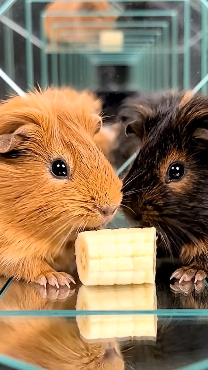 1172. Photorealistic photo of 2 smooth-haired Abyssinian guinea pigs with cinnamon and sable fur, sharing banana slices, in a enchanted mirror maze with infinite reflections.