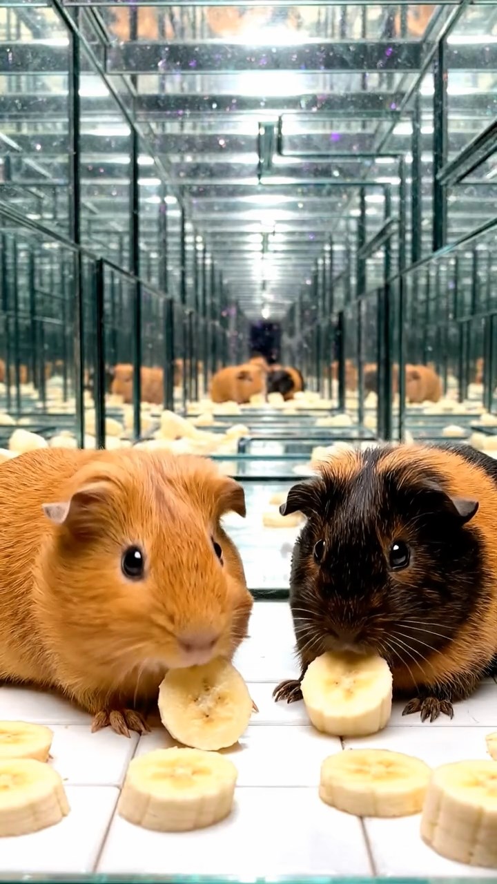 1172. Photorealistic photo of 2 smooth-haired Abyssinian guinea pigs with cinnamon and sable fur, sharing banana slices, in a enchanted mirror maze with infinite reflections.