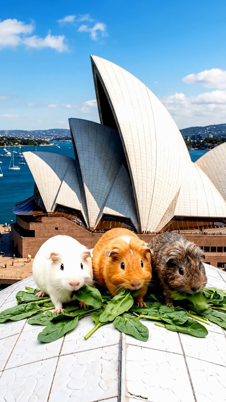 1173. Realistic image of 3 smooth-haired Peruvian guinea pigs with white, orange, and gray fur, munching on spinach leaves, atop a Sydney Opera House roof with harbor views.