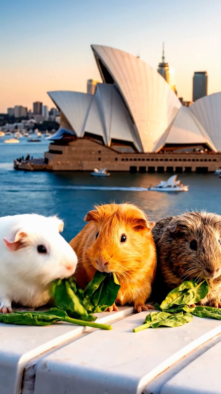 1173. Realistic image of 3 smooth-haired Peruvian guinea pigs with white, orange, and gray fur, munching on spinach leaves, atop a Sydney Opera House roof with harbor views.