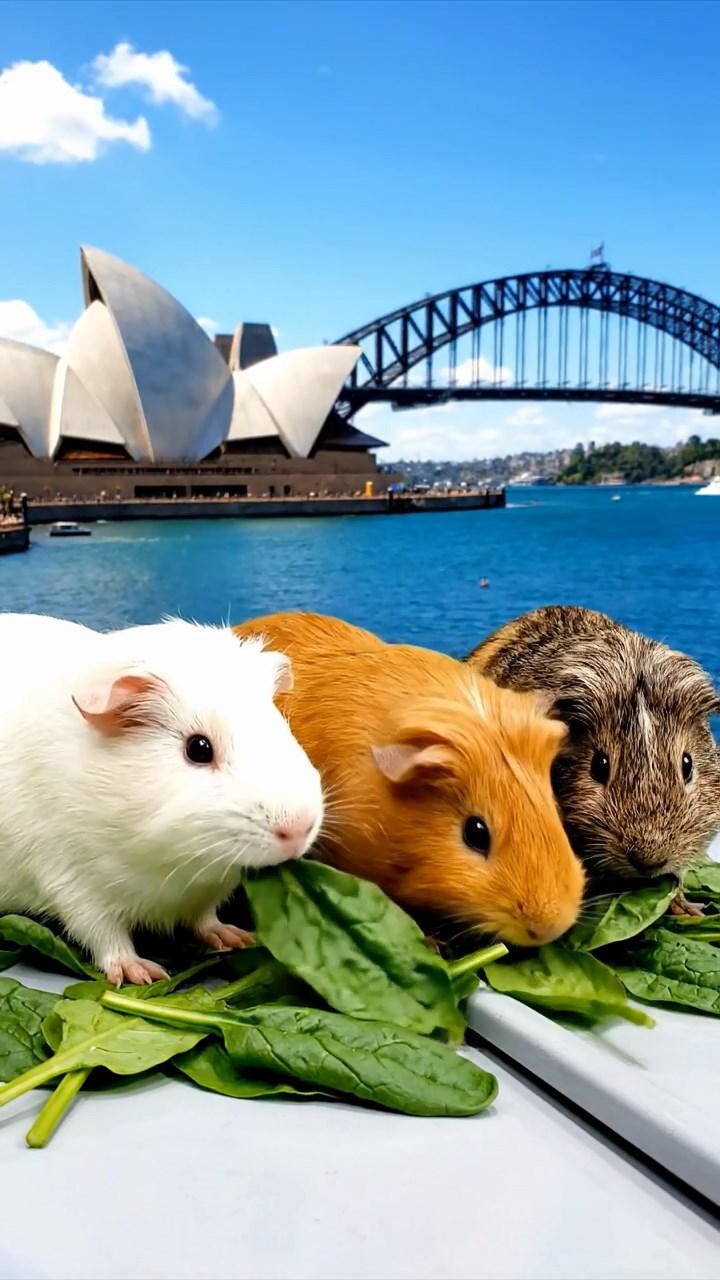 1173. Realistic image of 3 smooth-haired Peruvian guinea pigs with white, orange, and gray fur, munching on spinach leaves, atop a Sydney Opera House roof with harbor views.
