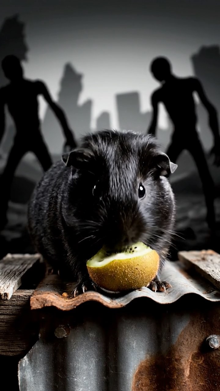 1174. Highly detailed view of 1 smooth-haired Silkie guinea pig with black fur, eating kiwi peels, on a zombie apocalypse barricade with undead shadows.