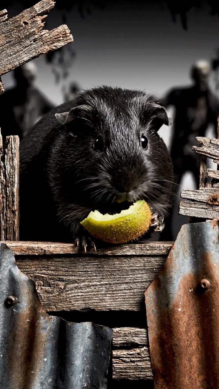 1174. Highly detailed view of 1 smooth-haired Silkie guinea pig with black fur, eating kiwi peels, on a zombie apocalypse barricade with undead shadows.