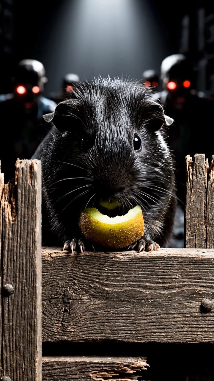 1174. Highly detailed view of 1 smooth-haired Silkie guinea pig with black fur, eating kiwi peels, on a zombie apocalypse barricade with undead shadows.