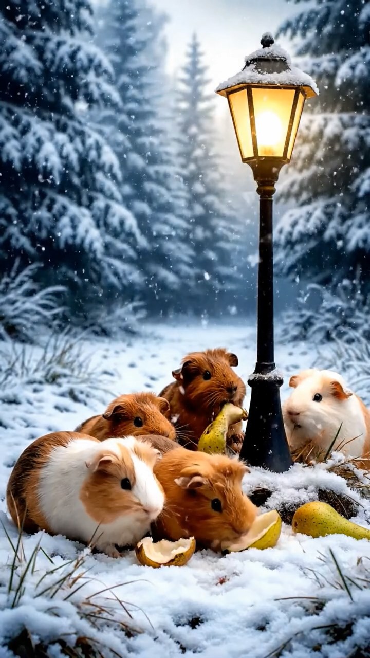 1175. Photorealistic scene of 5 smooth-haired Teddy guinea pigs in brown, cream, and fawn colors, nibbling on pear skins, in a cozy Narnia lamppost clearing with snowflakes.