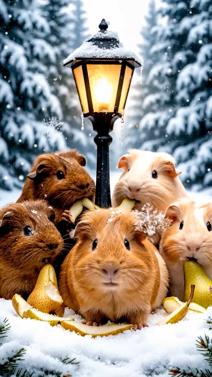 1175. Photorealistic scene of 5 smooth-haired Teddy guinea pigs in brown, cream, and fawn colors, nibbling on pear skins, in a cozy Narnia lamppost clearing with snowflakes.