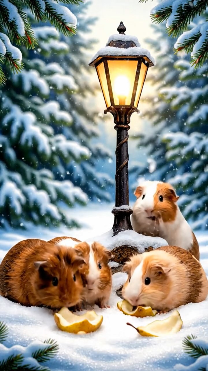 1175. Photorealistic scene of 5 smooth-haired Teddy guinea pigs in brown, cream, and fawn colors, nibbling on pear skins, in a cozy Narnia lamppost clearing with snowflakes.
