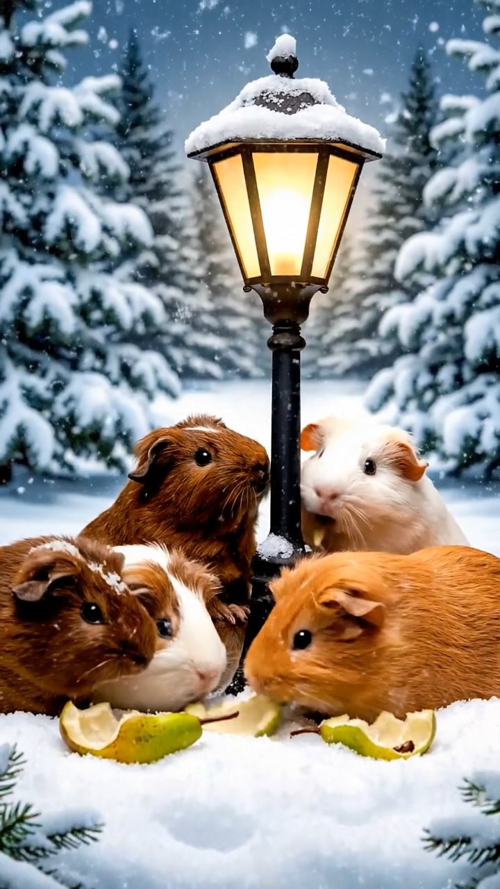 1175. Photorealistic scene of 5 smooth-haired Teddy guinea pigs in brown, cream, and fawn colors, nibbling on pear skins, in a cozy Narnia lamppost clearing with snowflakes.
