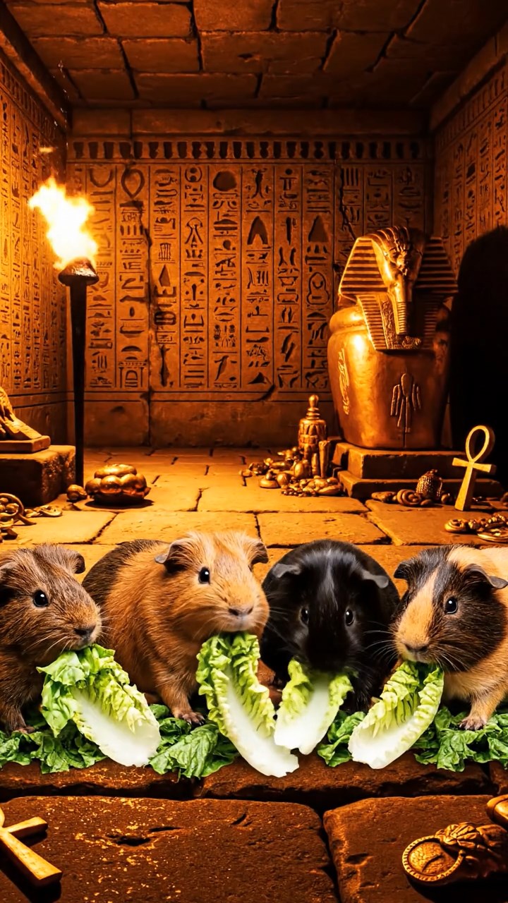 1176. Realistic depiction of 4 smooth-haired Texel guinea pigs with chocolate, cinnamon, and sable fur, chewing on romaine salads, inside a Pharaoh's tomb with sarcophagi and treasures.