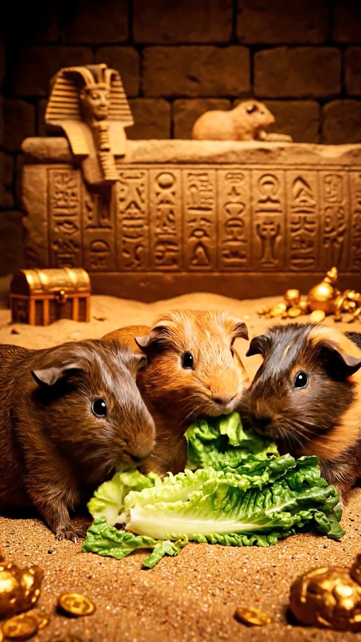 1176. Realistic depiction of 4 smooth-haired Texel guinea pigs with chocolate, cinnamon, and sable fur, chewing on romaine salads, inside a Pharaoh's tomb with sarcophagi and treasures.