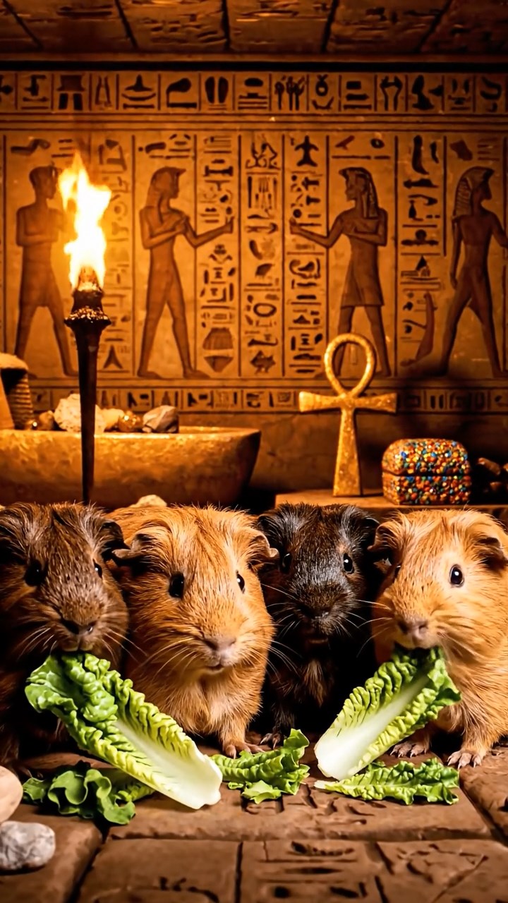 1176. Realistic depiction of 4 smooth-haired Texel guinea pigs with chocolate, cinnamon, and sable fur, chewing on romaine salads, inside a Pharaoh's tomb with sarcophagi and treasures.