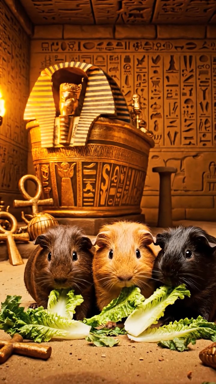 1176. Realistic depiction of 4 smooth-haired Texel guinea pigs with chocolate, cinnamon, and sable fur, chewing on romaine salads, inside a Pharaoh's tomb with sarcophagi and treasures.
