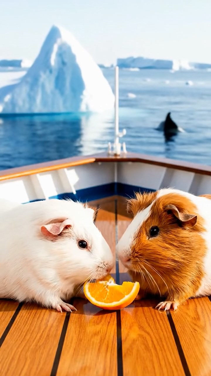 1177. Detailed photo of 2 smooth-haired Rex guinea pigs featuring white and orange coats, sharing orange slices, on a Antarctic cruise ship bow with whale sightings.