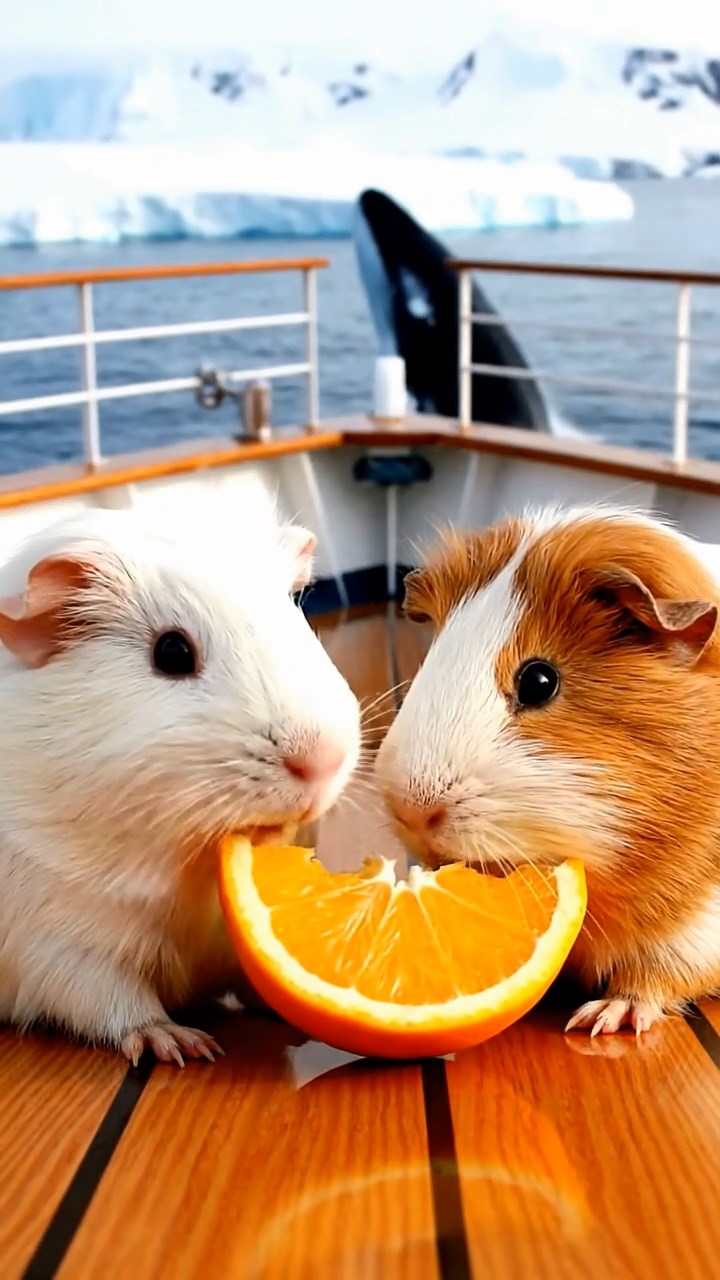 1177. Detailed photo of 2 smooth-haired Rex guinea pigs featuring white and orange coats, sharing orange slices, on a Antarctic cruise ship bow with whale sightings.